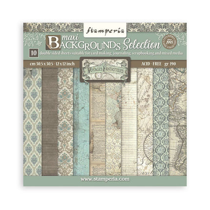 Papierblock 30,5x30,5 cm - 10 Blätter Maxi Hintergrundauswahl - Voyages Fantastiques