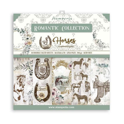 Scrapbooking Block 10 Blatt 30,5 x 30,5 cm (12"x12") beidseitig bedruckt Romantische Pferde