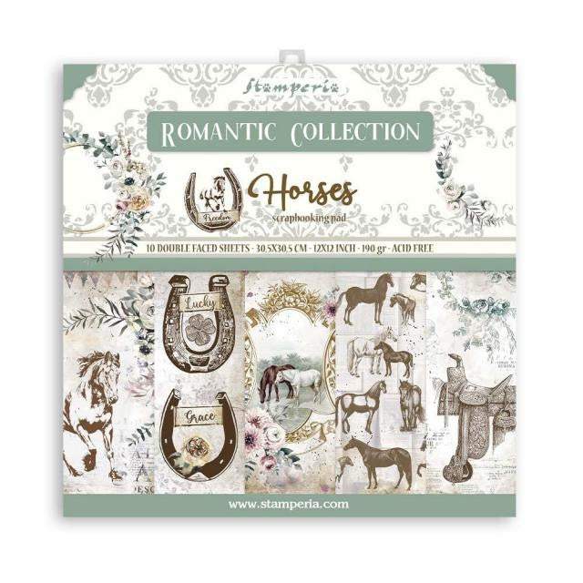 Scrapbooking Block 10 Blatt 30,5 x 30,5 cm (12"x12") beidseitig bedruckt Romantische Pferde