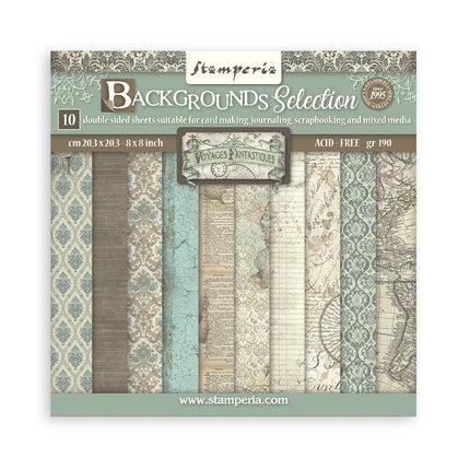 Papierblock 20,3x20,3 cm - 10 Blatt - Backgrounds Selection - Fantastische Reisen