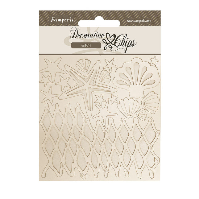 Dekorative Chips cm 14x14 - Silent Sea Muscheln und Netz