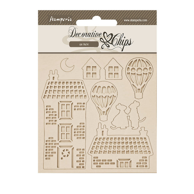 Dekorative Chips cm 14x14 - Familienhaus und Luftballons