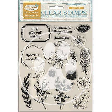 Acrylstempel cm 14x18 - Maskenball Blumen und Etiketten