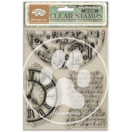 Dekorativer Acrylstempel Design für Kunst und Handwerk cm 14x18 - Gardens of Time halbe Uhren und Schriftzüge