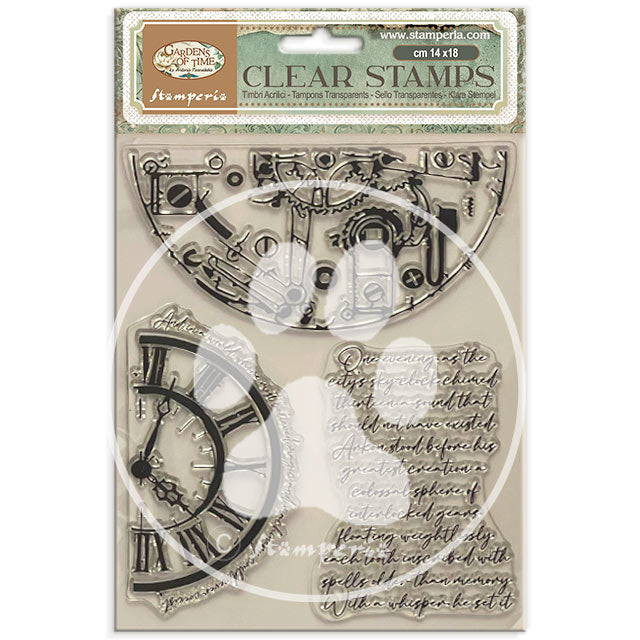 Dekorativer Acrylstempel Design für Kunst und Handwerk cm 14x18 - Gardens of Time halbe Uhren und Schriftzüge